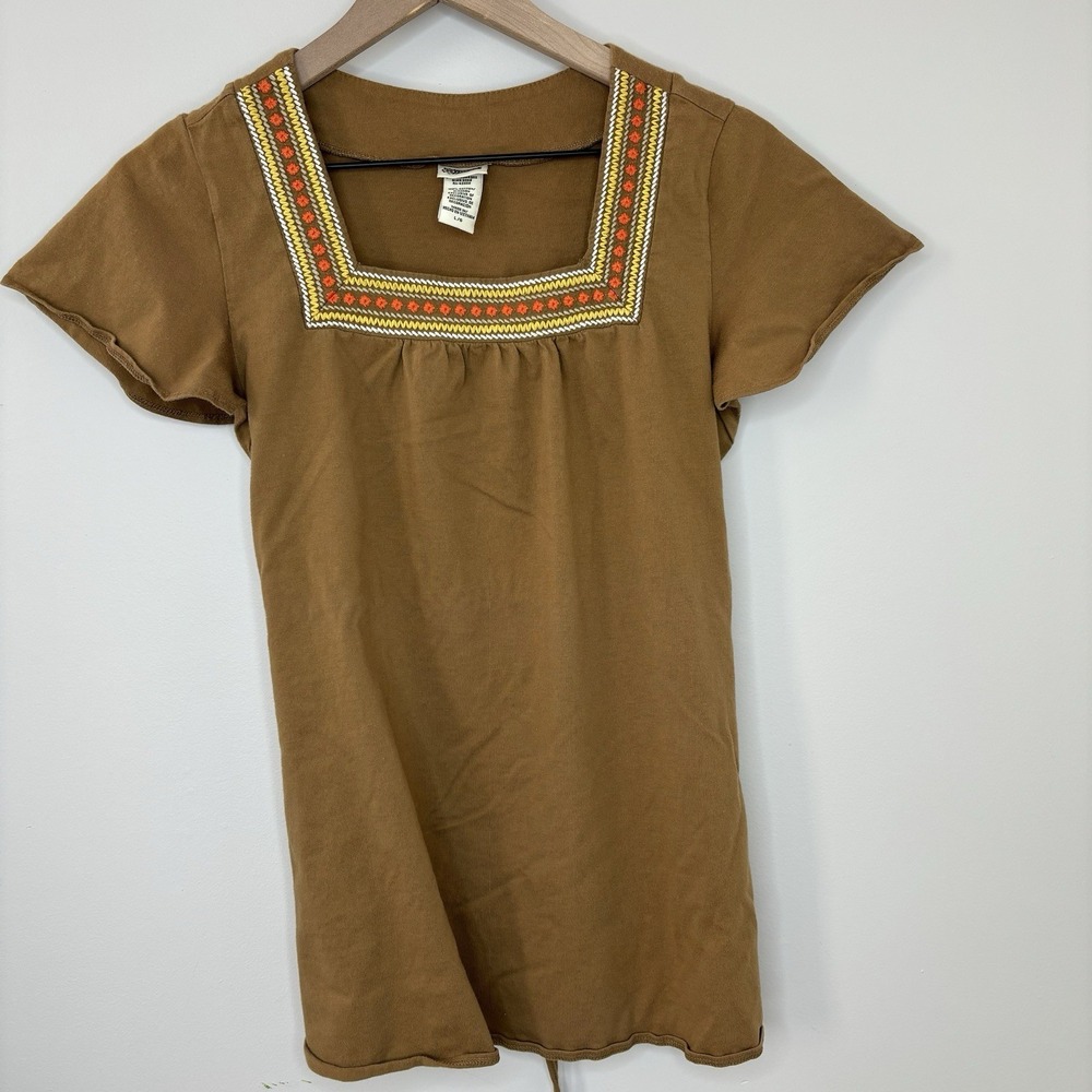 Route‎ 66 Y2K Shirt Vintage Brown Large Embroidered  Peasant Babydoll Tie Boho